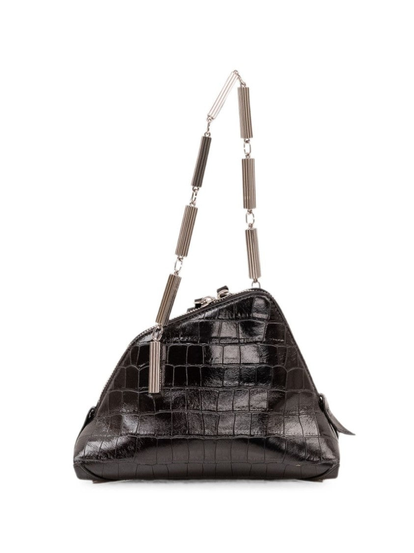 The Attico Black Glossy Crocodile-Embossed Handbag