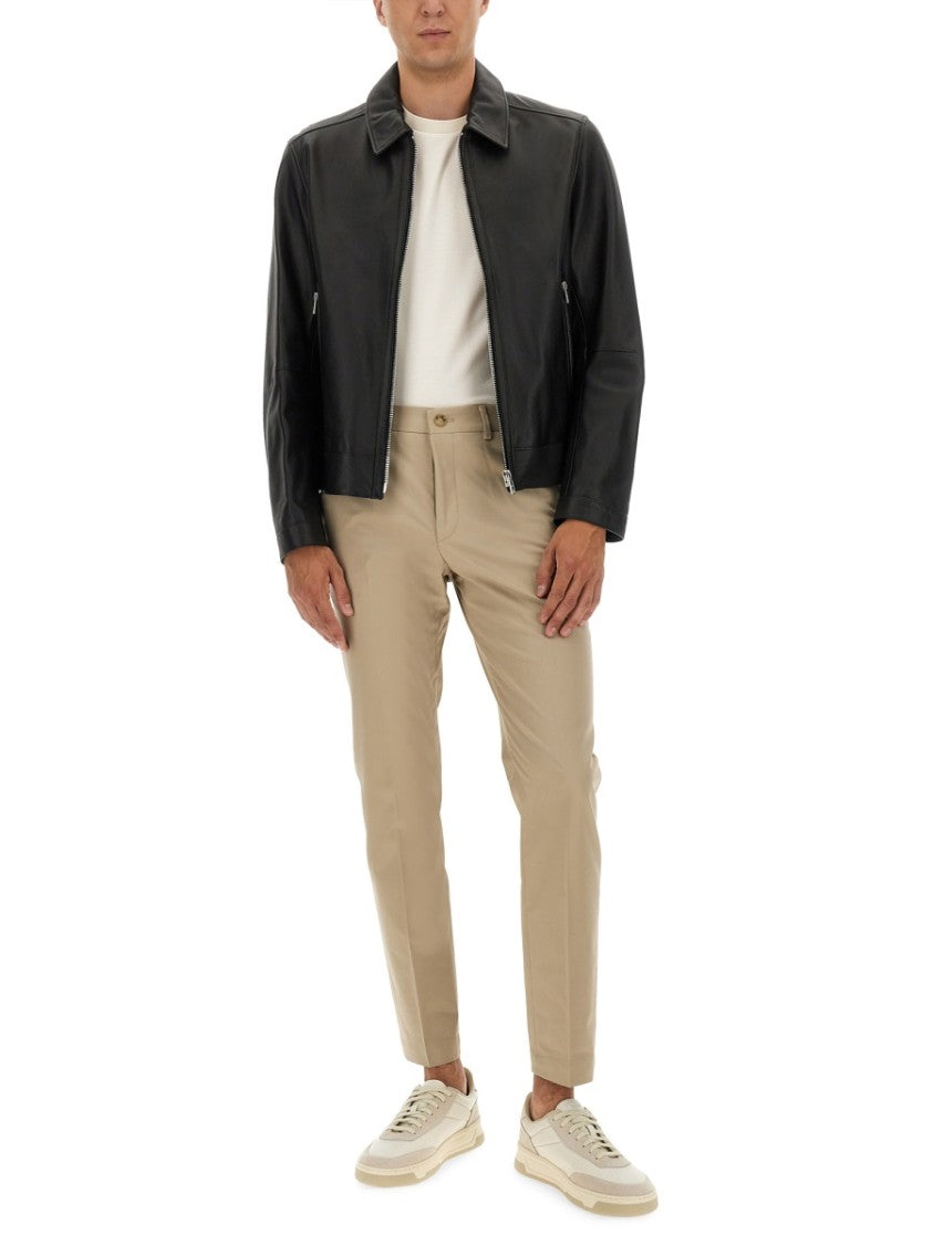 Boss Tailored Black Leather Jacket With Classic Collar And Zip Closure