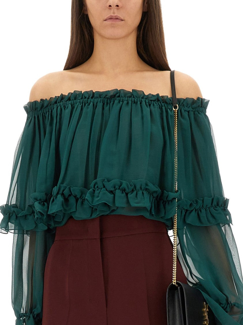 Saint Laurent Sheer Ruffled Off-Shoulder Blouse In Silk