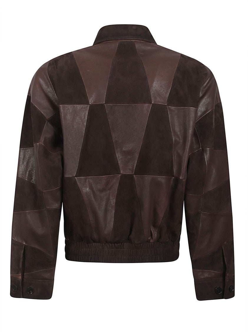 Versace Patchwork Leather Coat With Classic Collar And Zipper Closure