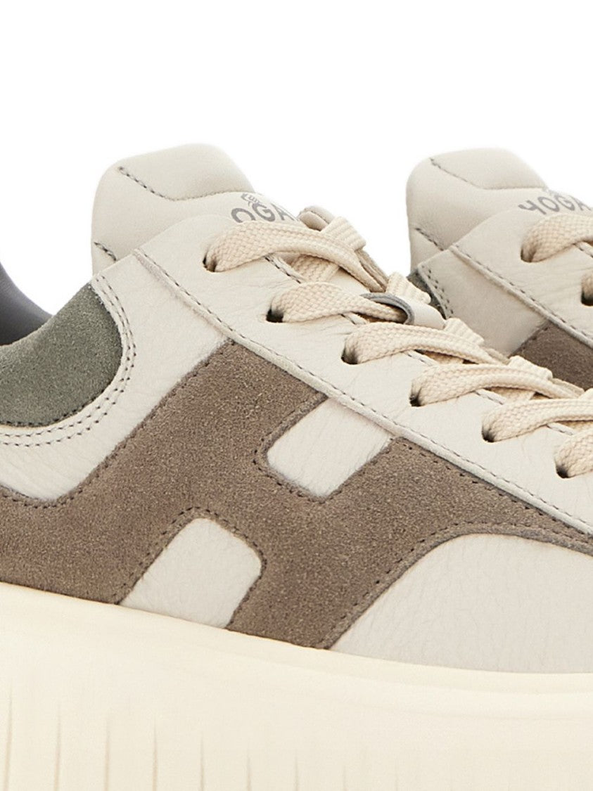 Hogan Beige Platform Lace-Up Flats With Distinctive Side Logo