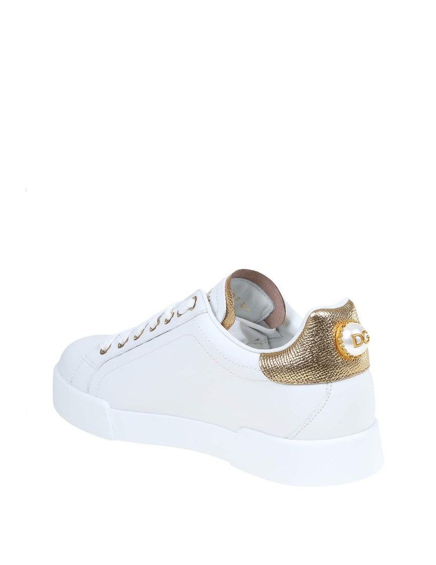 Dolce & Gabbana Portofino Sneakers In White Leather With Logo Pearl