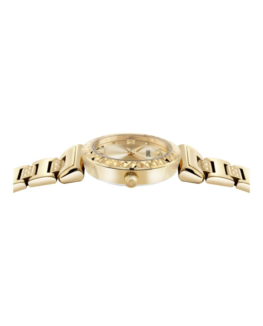 Versace Mini Vanity Bracelet Watch With Gold Sunray Dial And Greek Key Motifs
