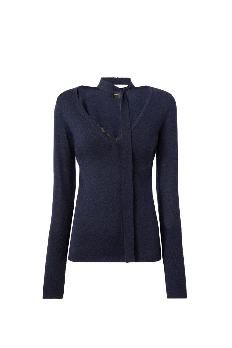 Pinko Blue Wool Tie-Neck Lace-Trim Sweater