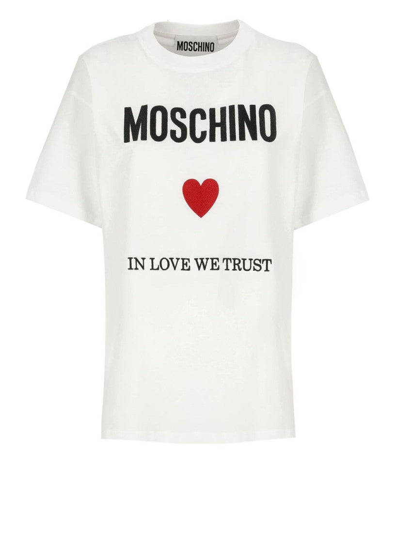 Moschino Crew Neck White Cotton T-Shirt Lettering