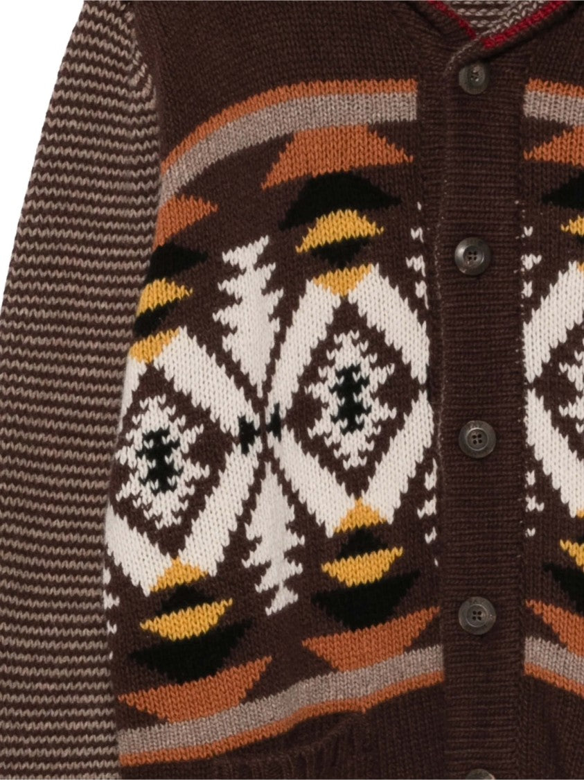 Fay Geometric Pattern Knit Cardigan With Shawl Collar