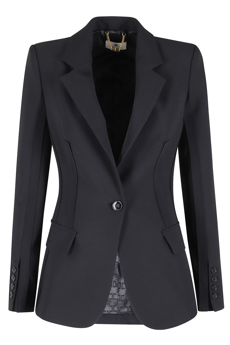 Elisabetta Franchi Black Stretch Logo-Embroidered Single-Breasted Polyester Blazer