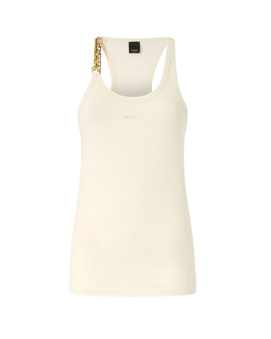 Pinko Fitted Beige Sleeveless Tank Top With Chain Detail
