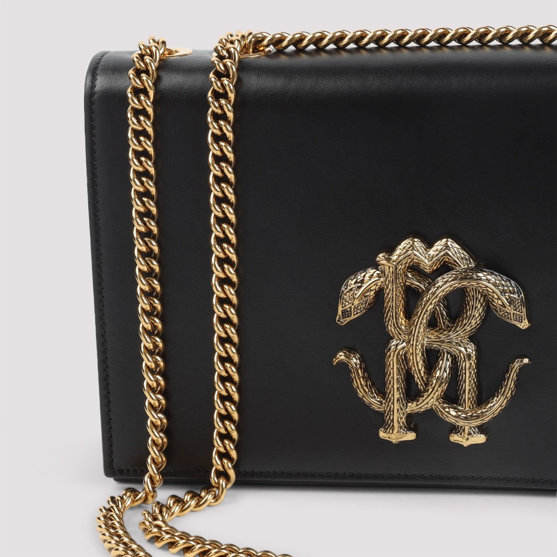 Roberto Cavalli Black Leather Shoulder Bag With Gold-Tone Logo