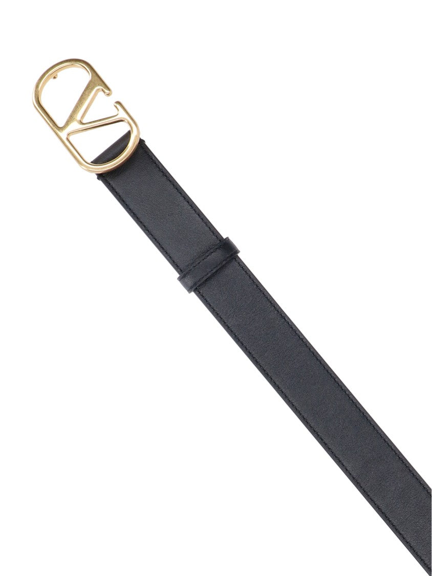 Valentino Garavani Black Vlogo Signature Gold Buckle Leather Belt