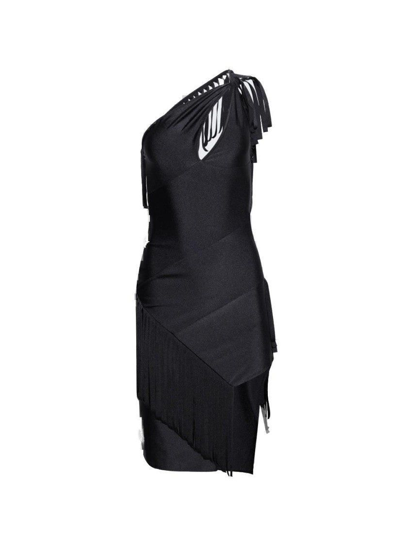 Coperni Asymmetric Fringed Jersey Dress Black