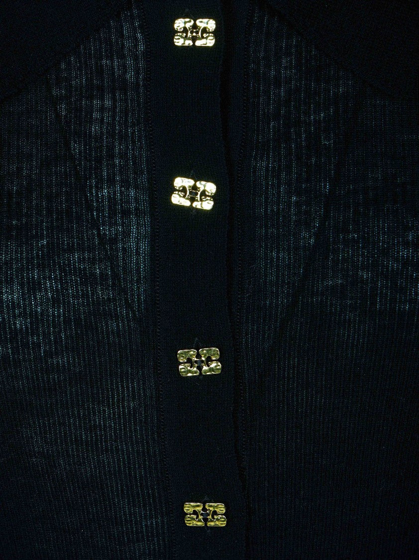 Ganni Sheer Ribbed Wool Gold-Button Polo Shirt