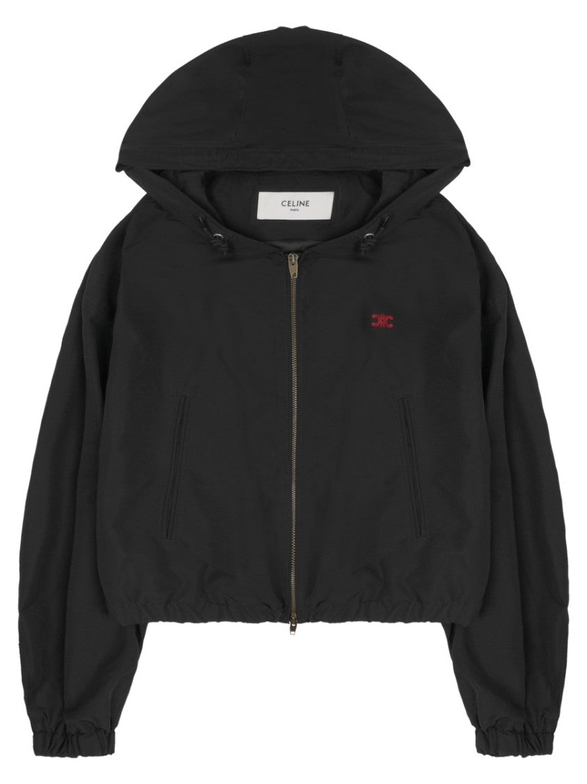 Celine Cropped Nylon Jacket With Hood And Zipper Closure