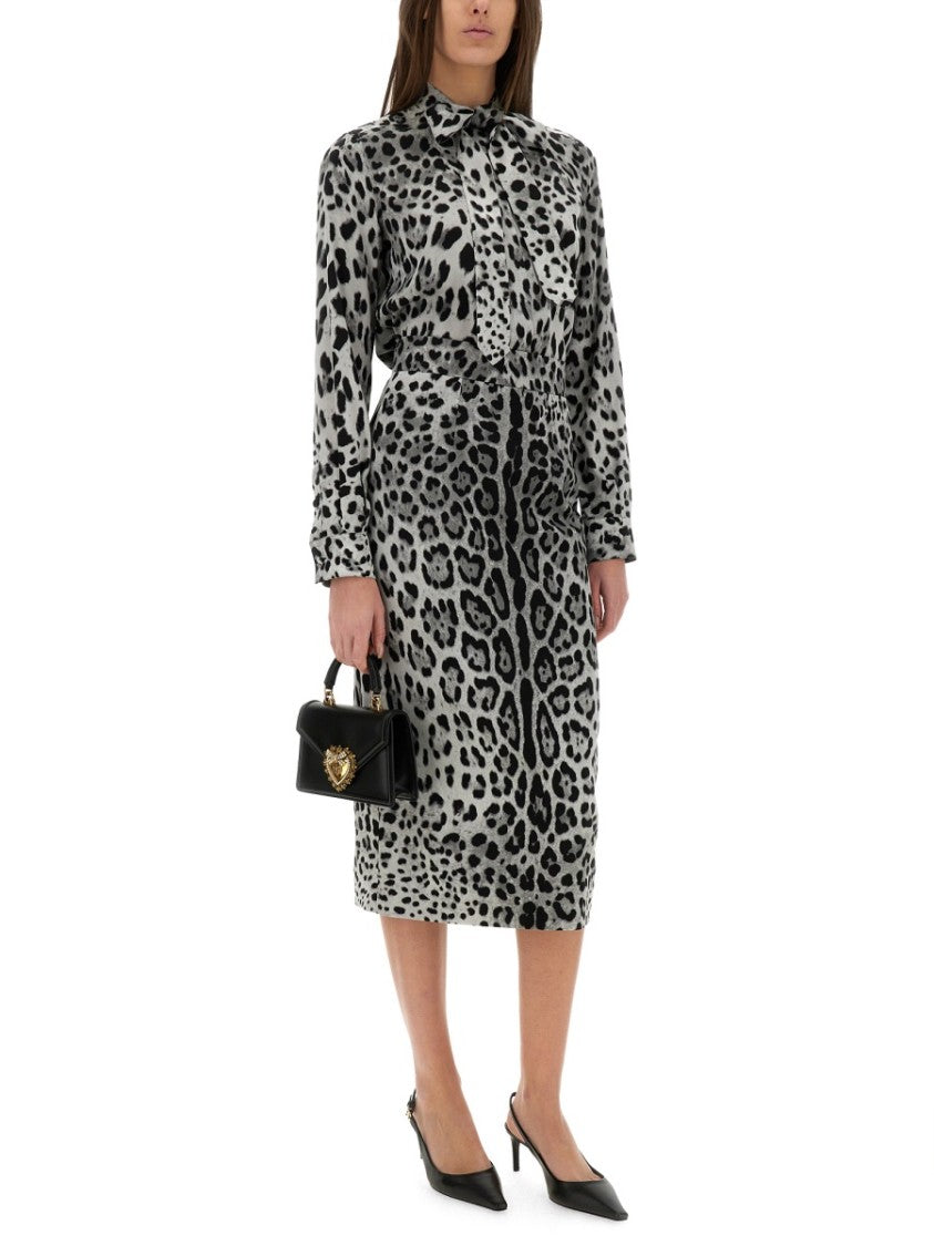 Dolce & Gabbana Leopard Print Bow Charmeuse Shirt