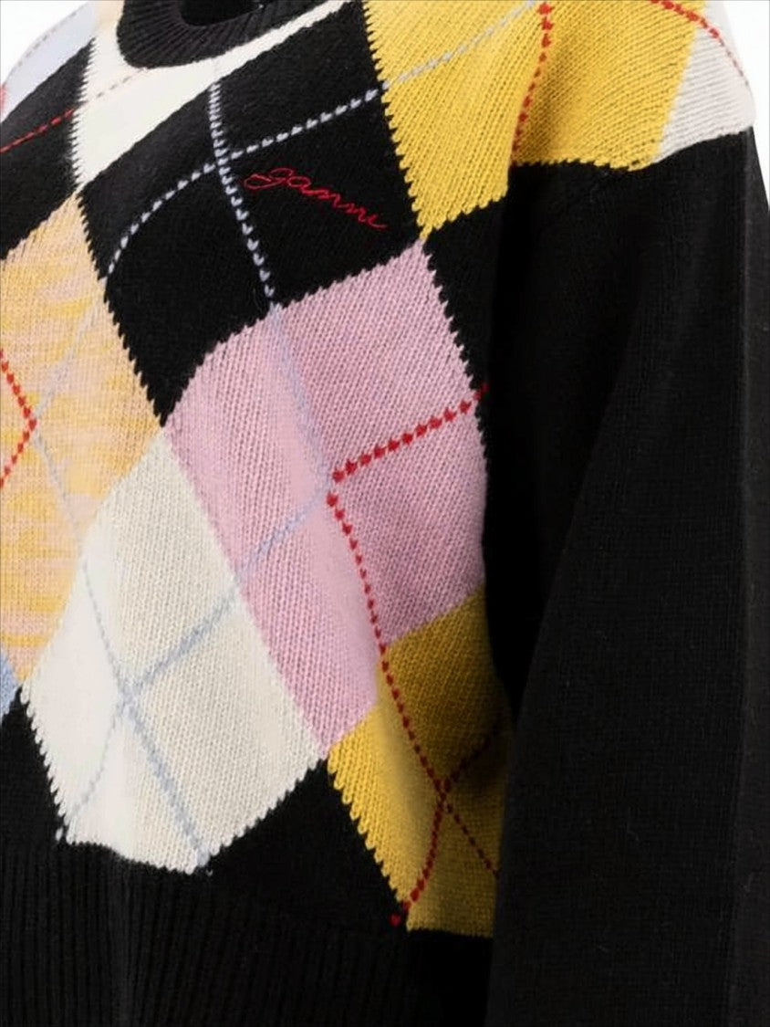 Ganni Cropped Argyle Pattern Sweater With Snug Fit