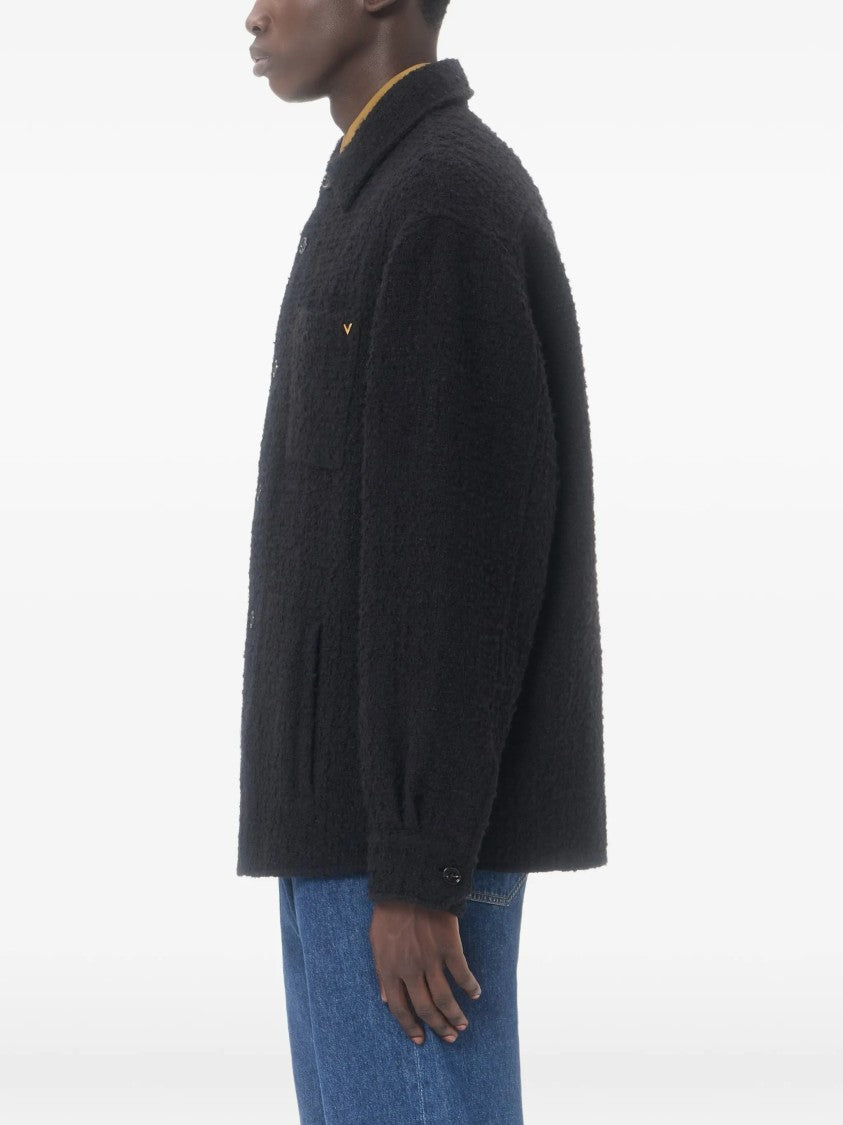 Valentino Textured Black Button-Up Jacket With Classic Collar And Subtle Logo