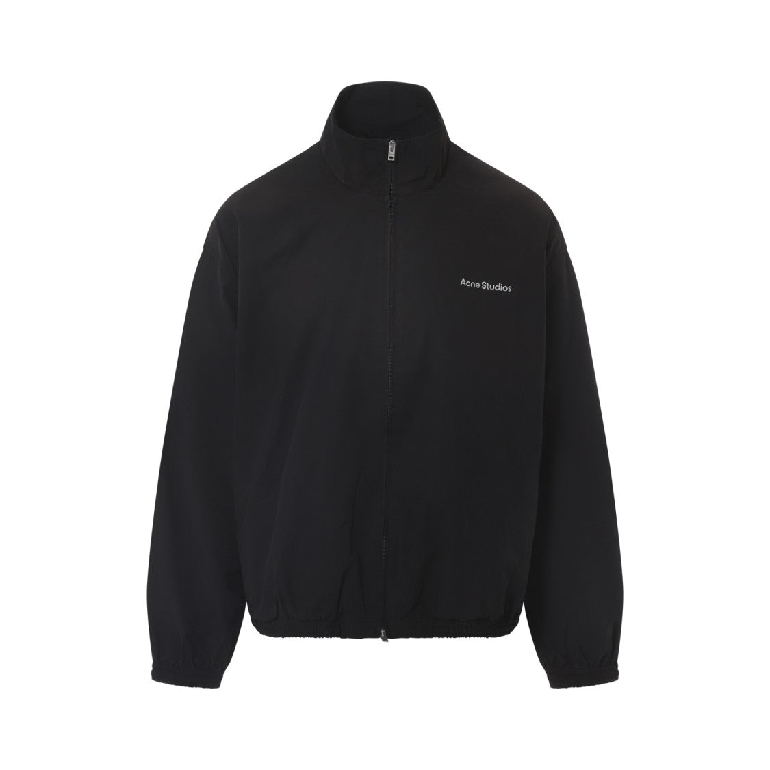 Acne Studios Pure Black Cotton Jacket With Stand-Up Collar And Distressed Text