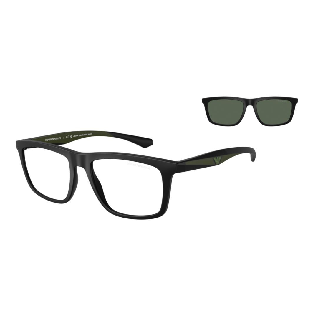 Emporio Armani 0Ea4235 Rectangular Matte Black Eyeglasses With Detachable Tinted Clip-On