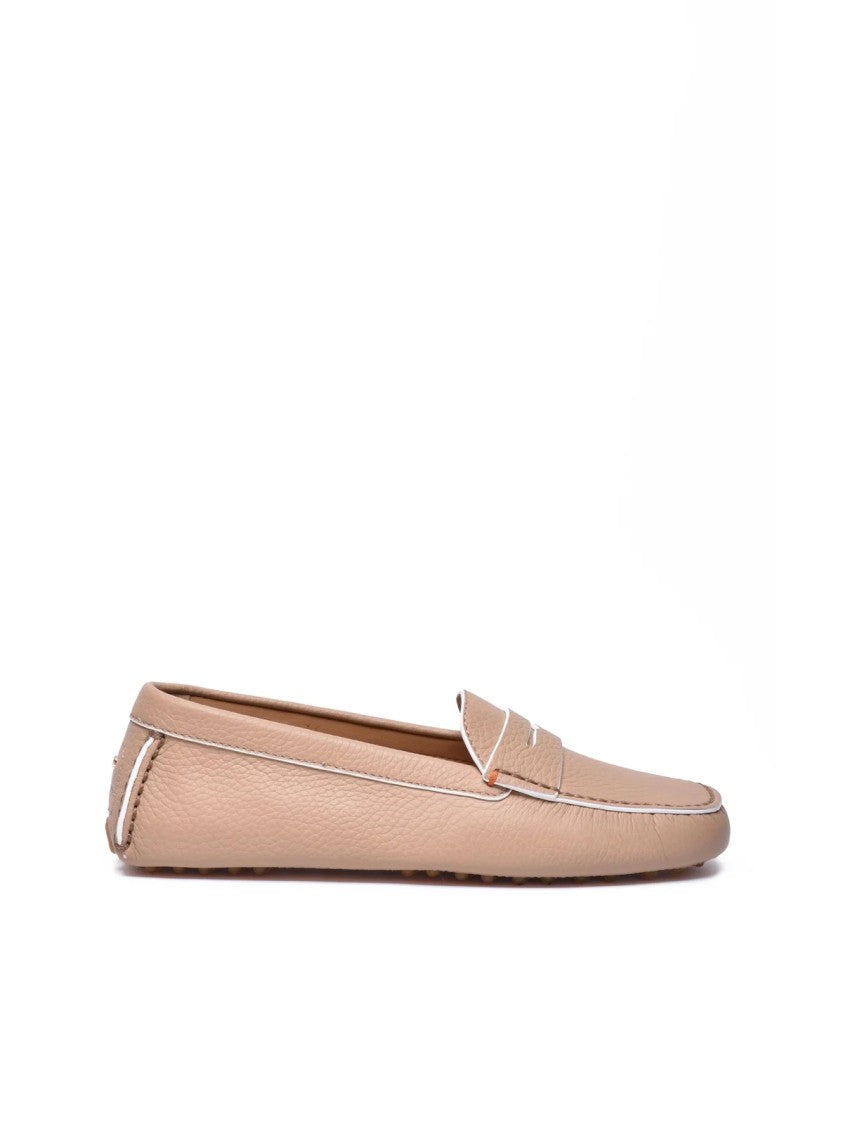 Santoni Beige Hammered Leather Rubber Women's Hammered Loafer