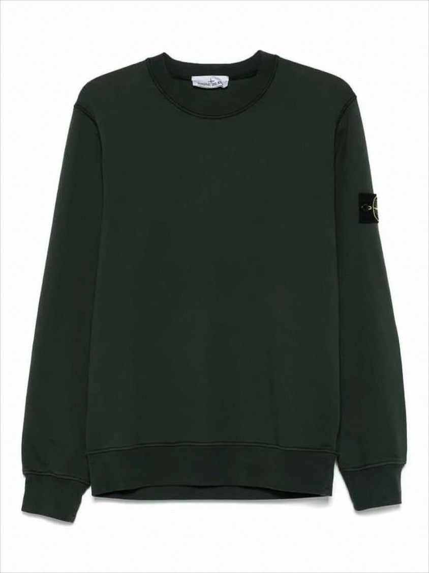 Stone Island Dark Green Crewneck Sweater With Ribbed Detailing And Iconic Logo