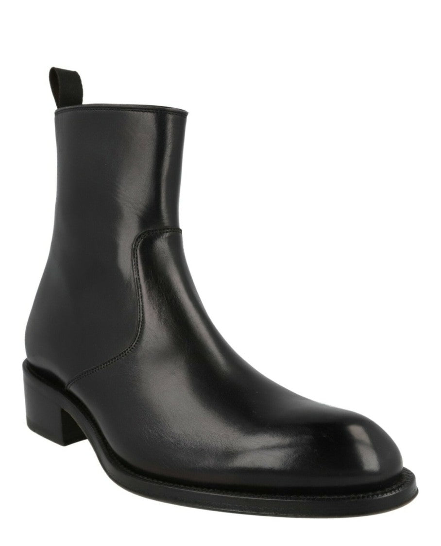 Brioni Vitello Roma Mid-Calf Leather Boots With Stacked Heel And Gunmetal Accents