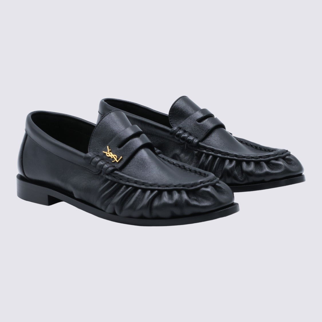 Saint Laurent Gathered Black Leather Flats With Gold-Tone Logo Detail