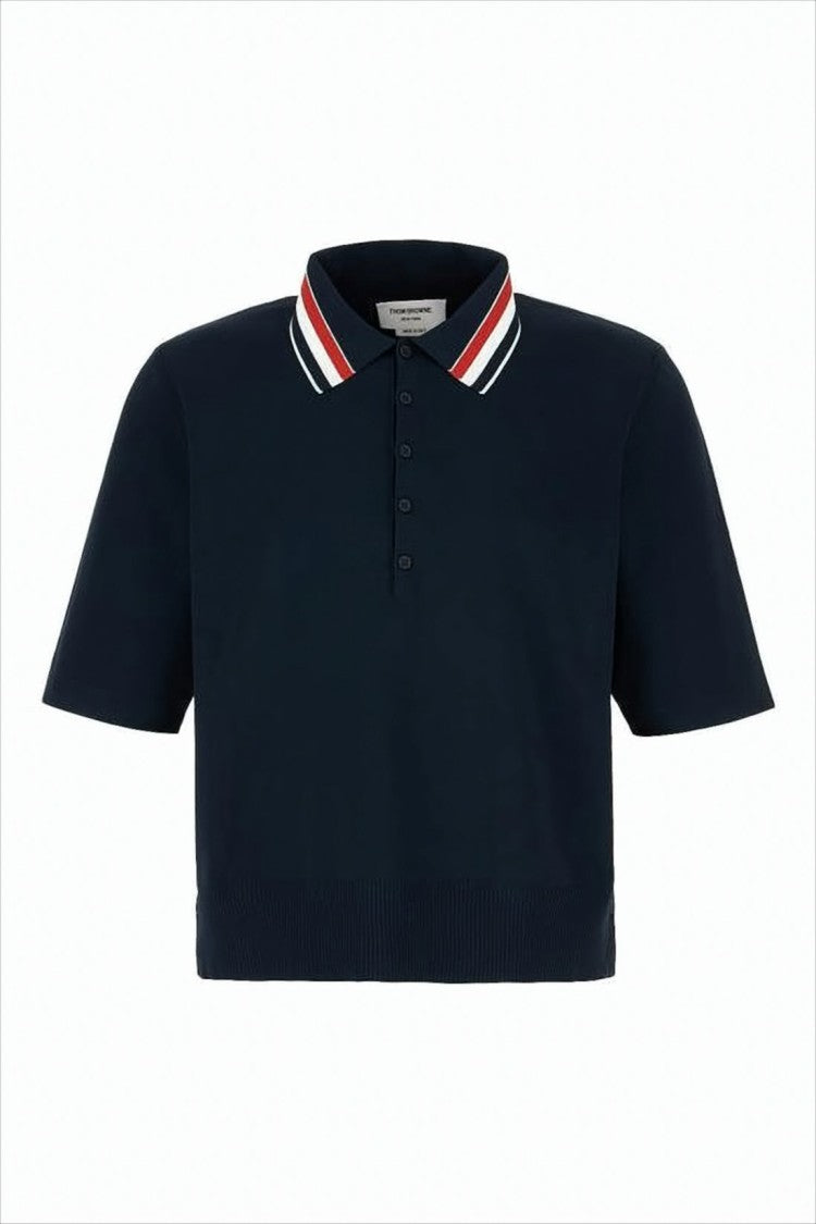 Thom Browne Cropped Blue Polo Shirt With Striped Accents