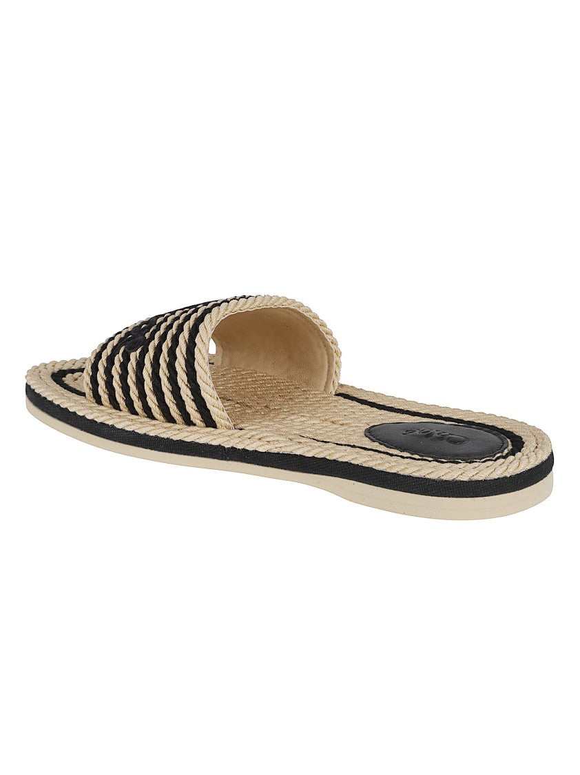 Chloé Raffia Flat Sandals With Striped Embroidery And Embossed Logo
