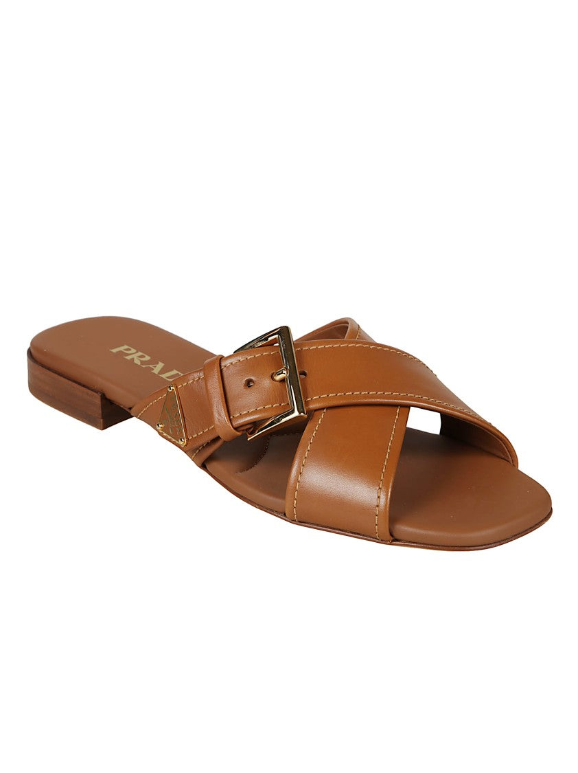 Prada Crisscross Leather Slide Sandal With Adjustable Buckle