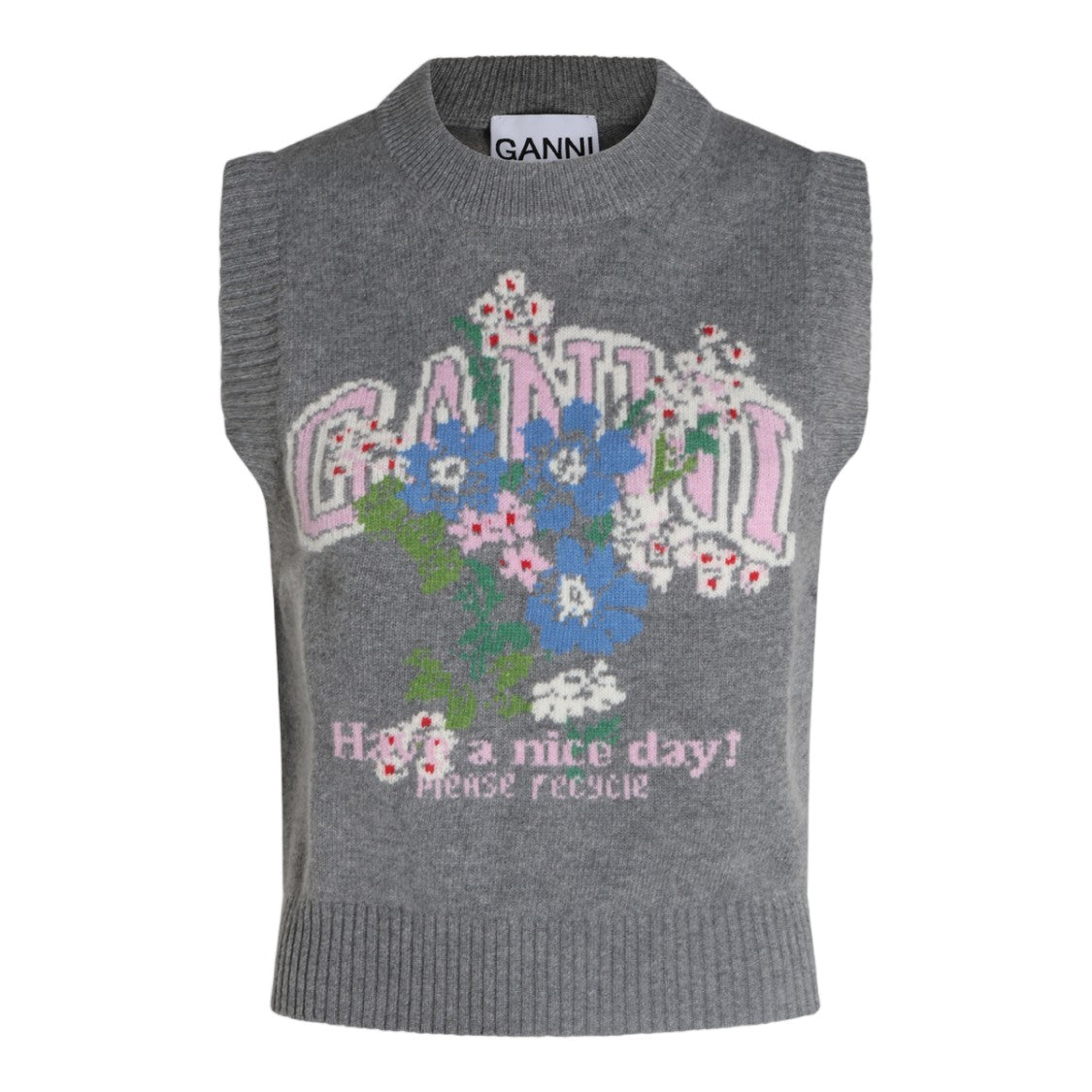 Ganni Sleeveless Knit Sweater Vest With Floral Graphic