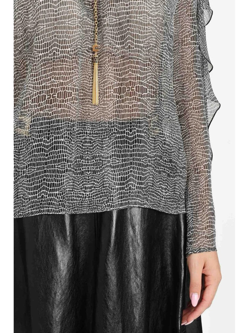 Elisabetta Franchi Ruffled Semi-Sheer Black Silk Blouse With Elegant Detailing