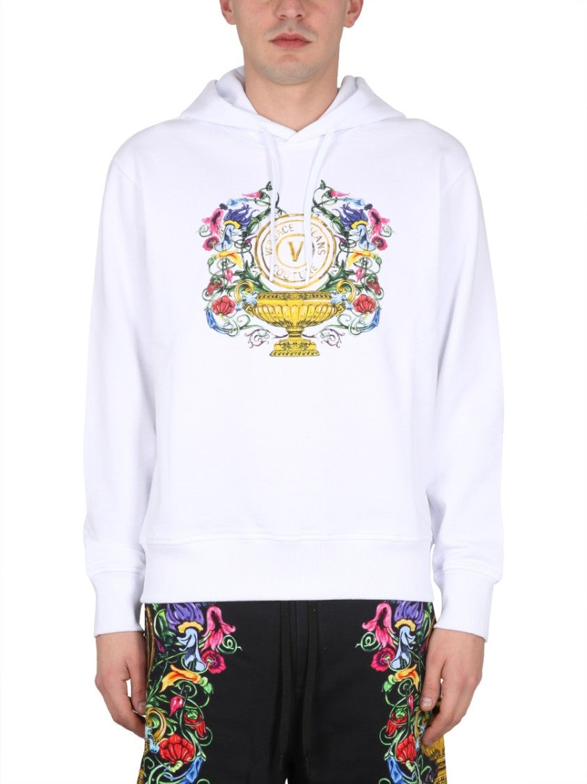 Versace Jeans Couture Drawstring Hooded Sweatshirt With Floral Logo Print