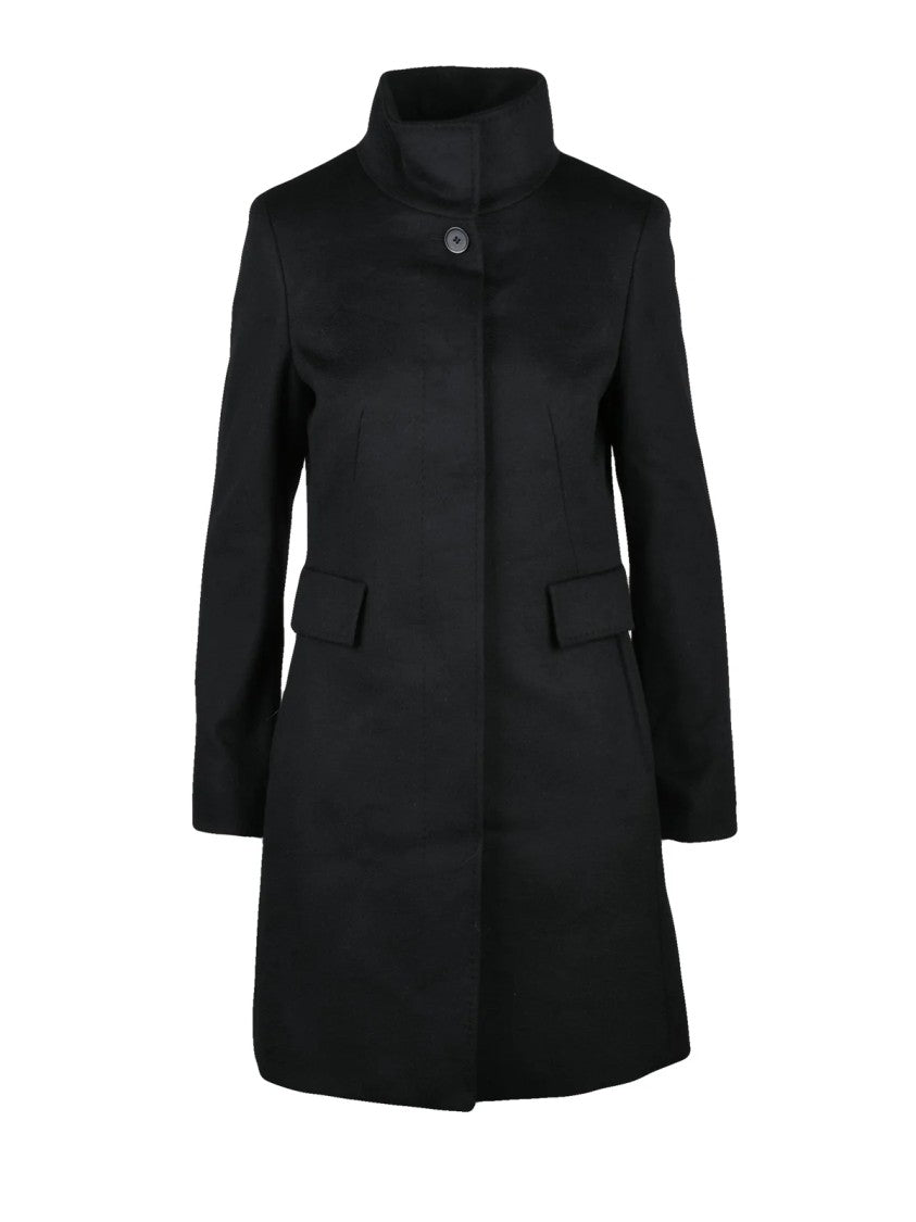 Max Mara Timeless Black Virgin Wool Agnese Coat With High Collar And Flap Pockets