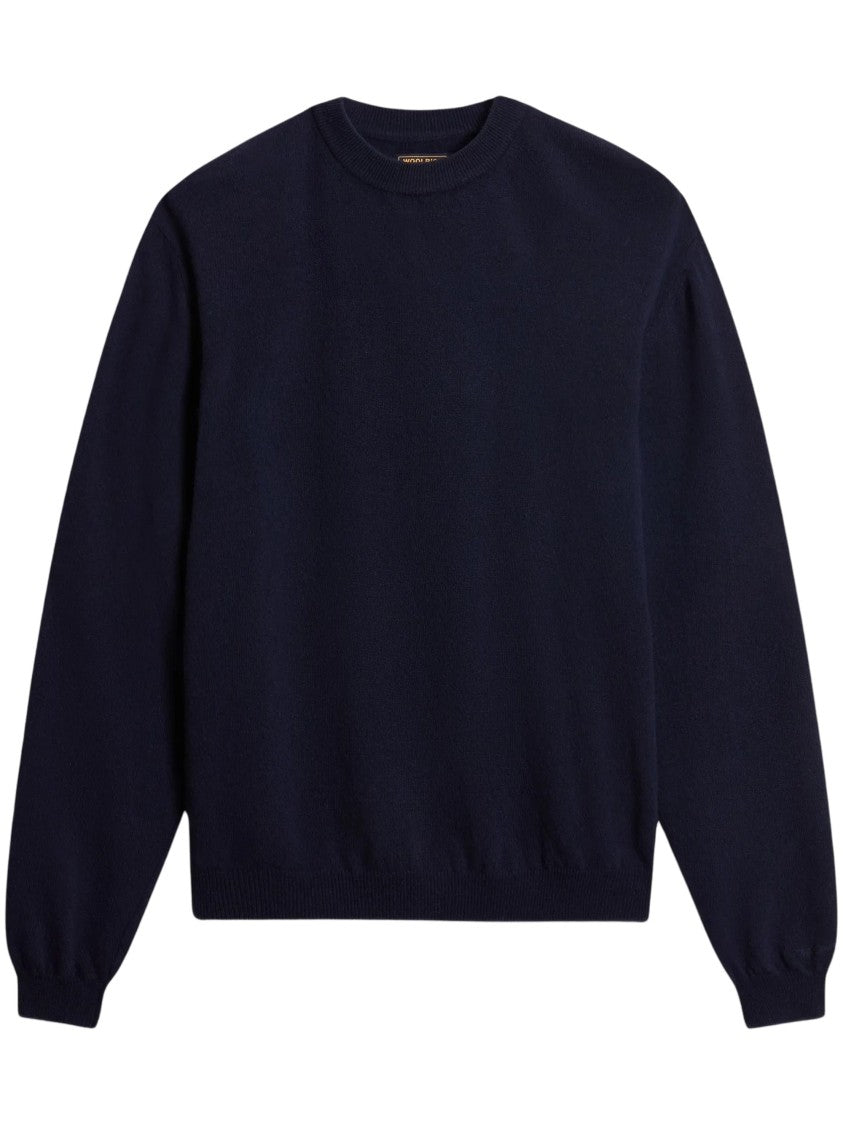 Woolrich Classic Dark Navy Crew-Neck Sweater With Ribbed Finishing