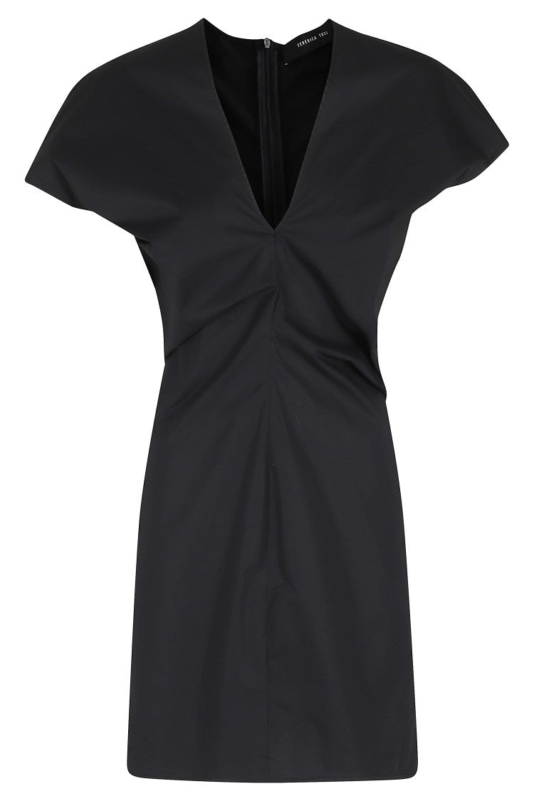 Federica Tosi Black V-Neck Back-Zipper Cotton-Blend Mini Dress