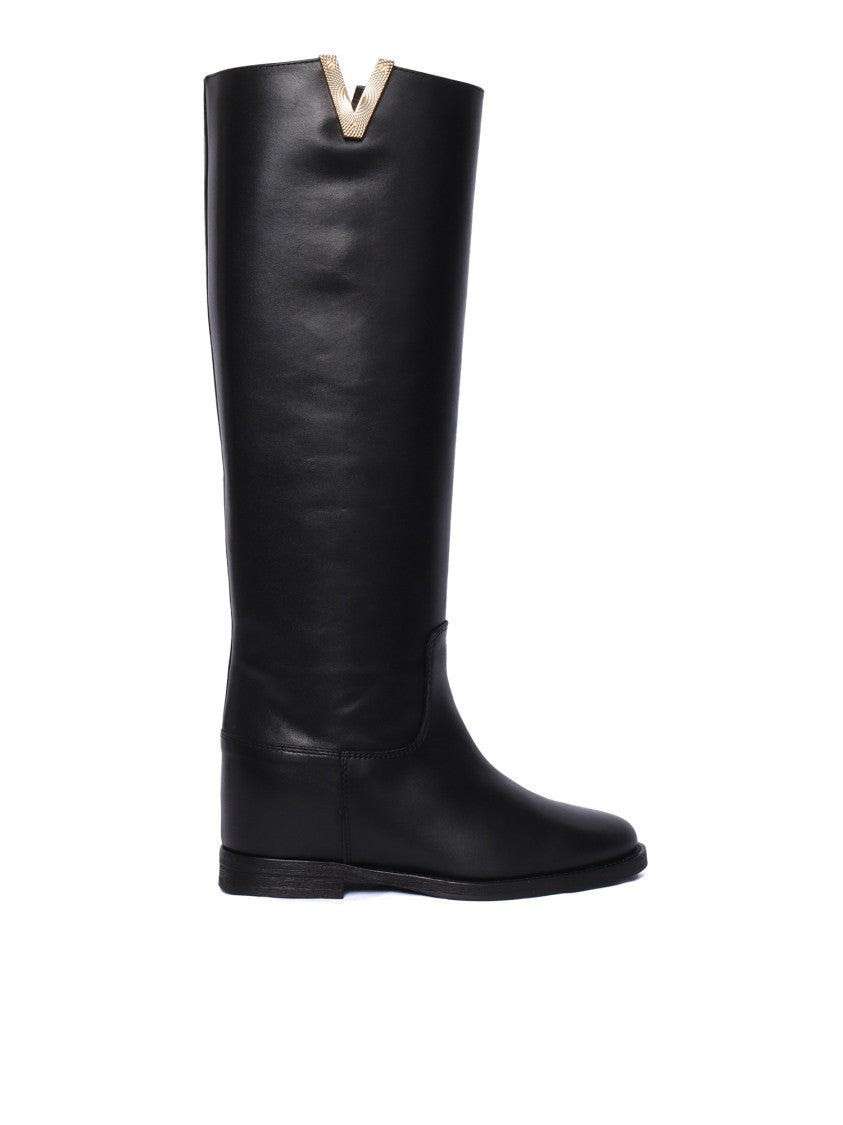 Via Roma 15 Tall Black Leather Boots With Gold-Tone Accent