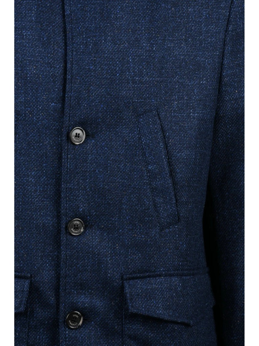 Luigi Borrelli Napoli Perforated Blue Jacket With Button Closure And Flap Pockets