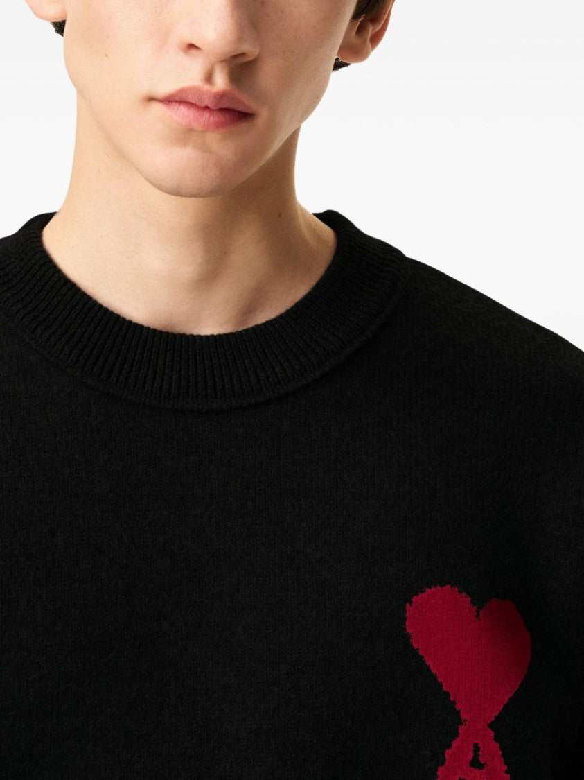 Ami Paris Wool Knit Sweater With Intarsia Heart Motif