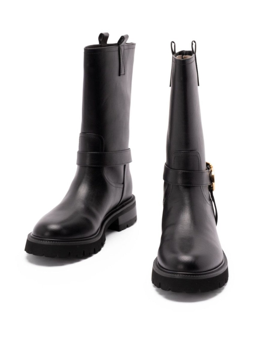 Twin-Set Mid-Calf Black Leather Boots With Buckle Fastening