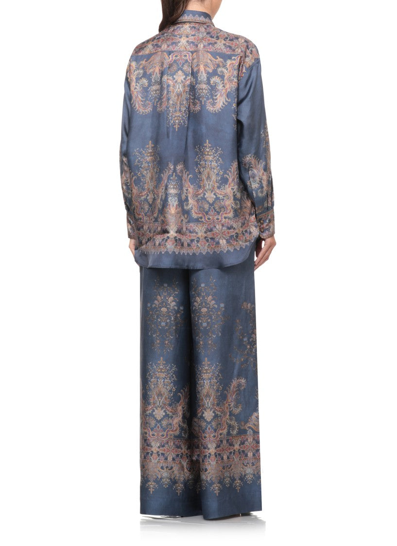 Zimmermann Blue Jeans Bow-Collar Printed Silk Shirt