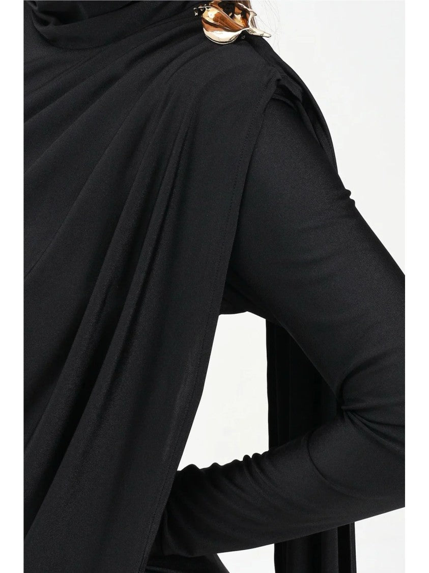 Tpn Asymmetrical Draped Black Lycra Dress With Gold Clasp