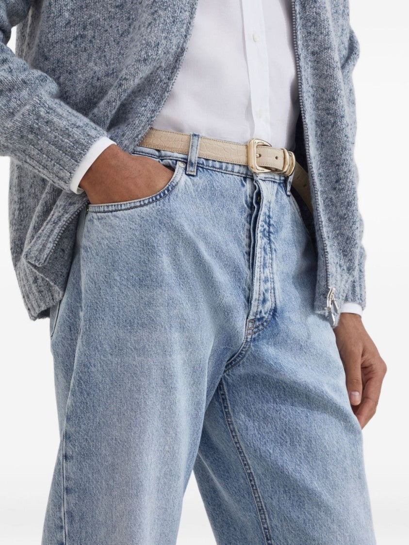 Brunello Cucinelli Light Blue Denim Trousers With Tapered Leg And Five-Pocket Design