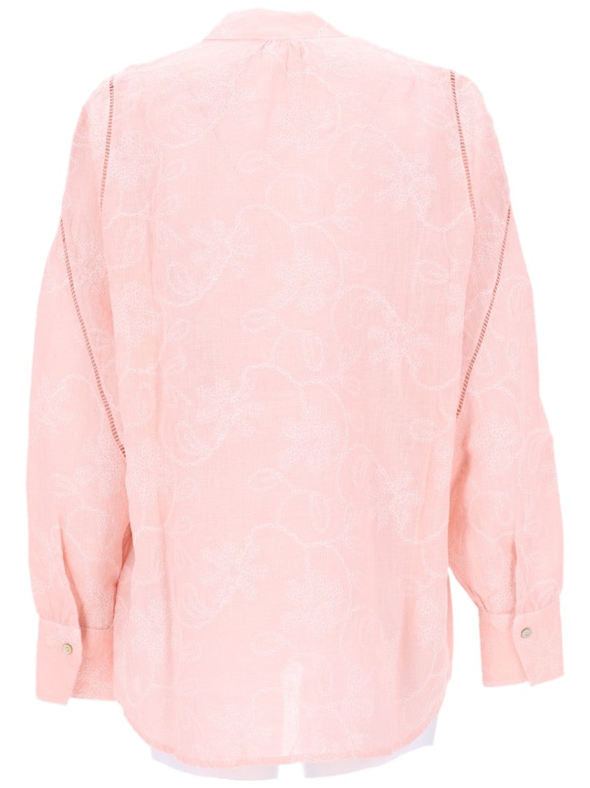 120% Lino Mandarin Collar Floral Jacquard Blouse