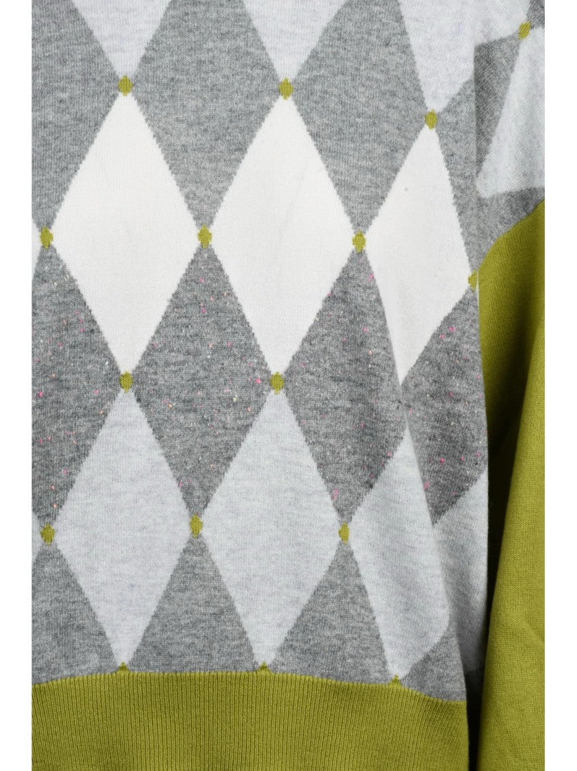 Ballantyne Crewneck Sweater With Bold Argyle Pattern And Puff Sleeves