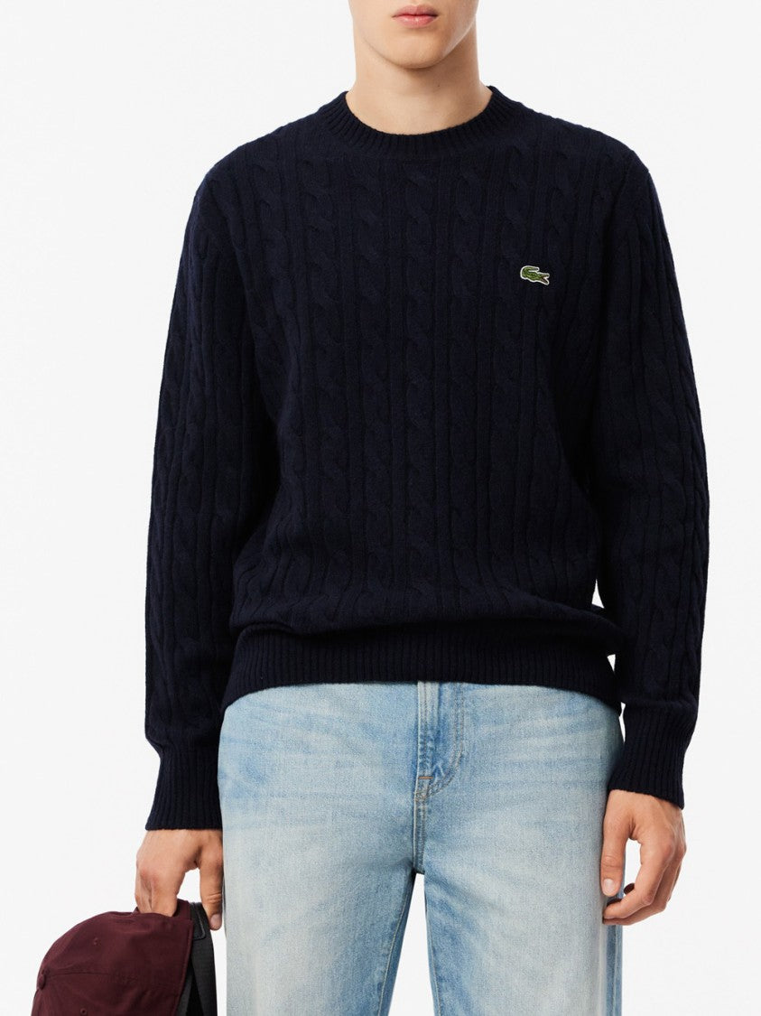 Lacoste Textured Cable-Knit Crewneck Sweater In Deep Blue