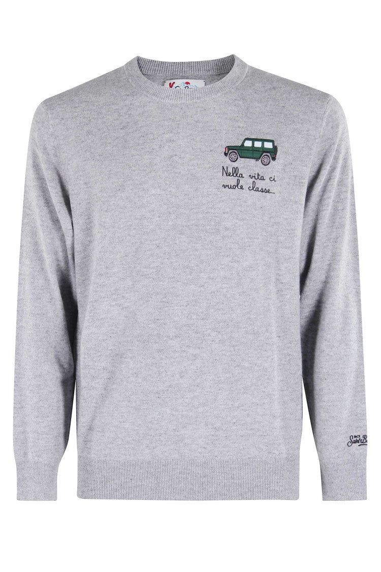 Mc2 Saint Barth Grey Light Ribbed-Collar Sweater