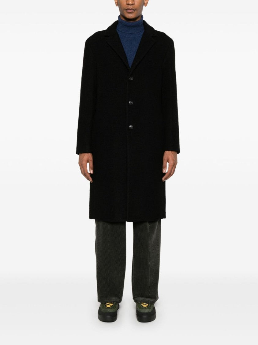 Amish Long Black Tailored Coat With Notched Lapel And Button Closure