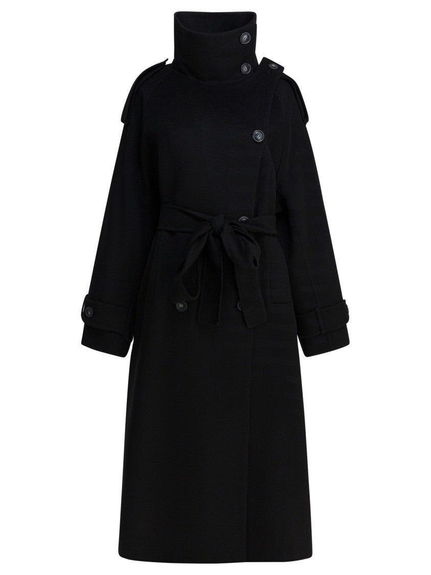 Max Mara Virgin Wool Long Coat With High Stand Collar And Asymmetrical Front