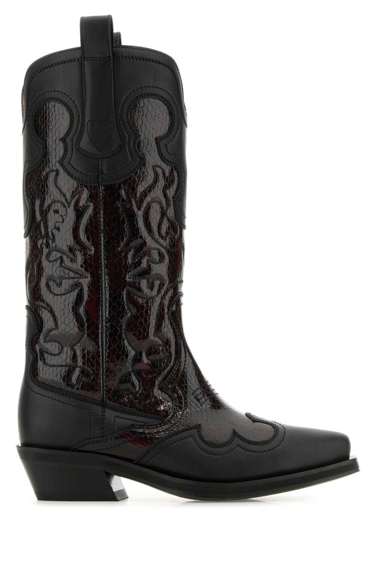 Ganni Black Leather Boots With Intricate Embossed Design