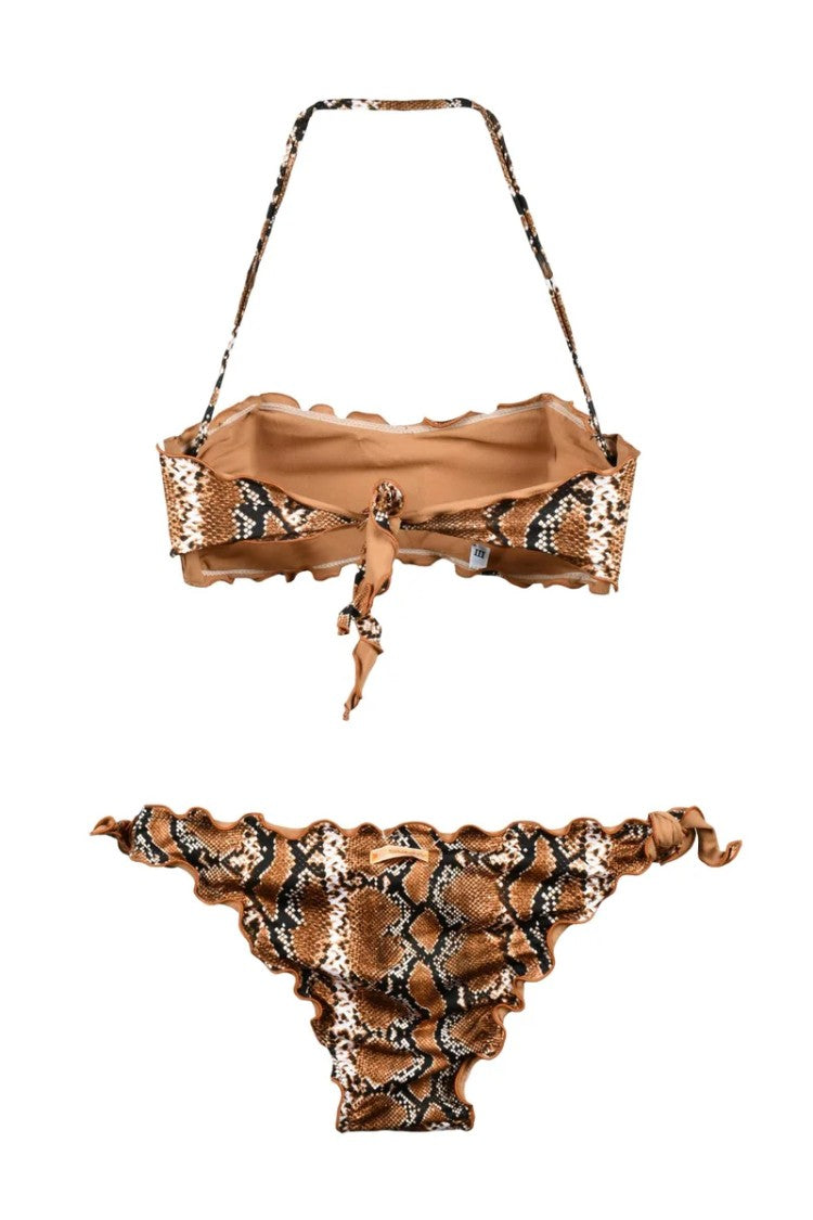 Sunny Bandeau Two-Piece Swimsuit With Snake Print And Ruffled Edges